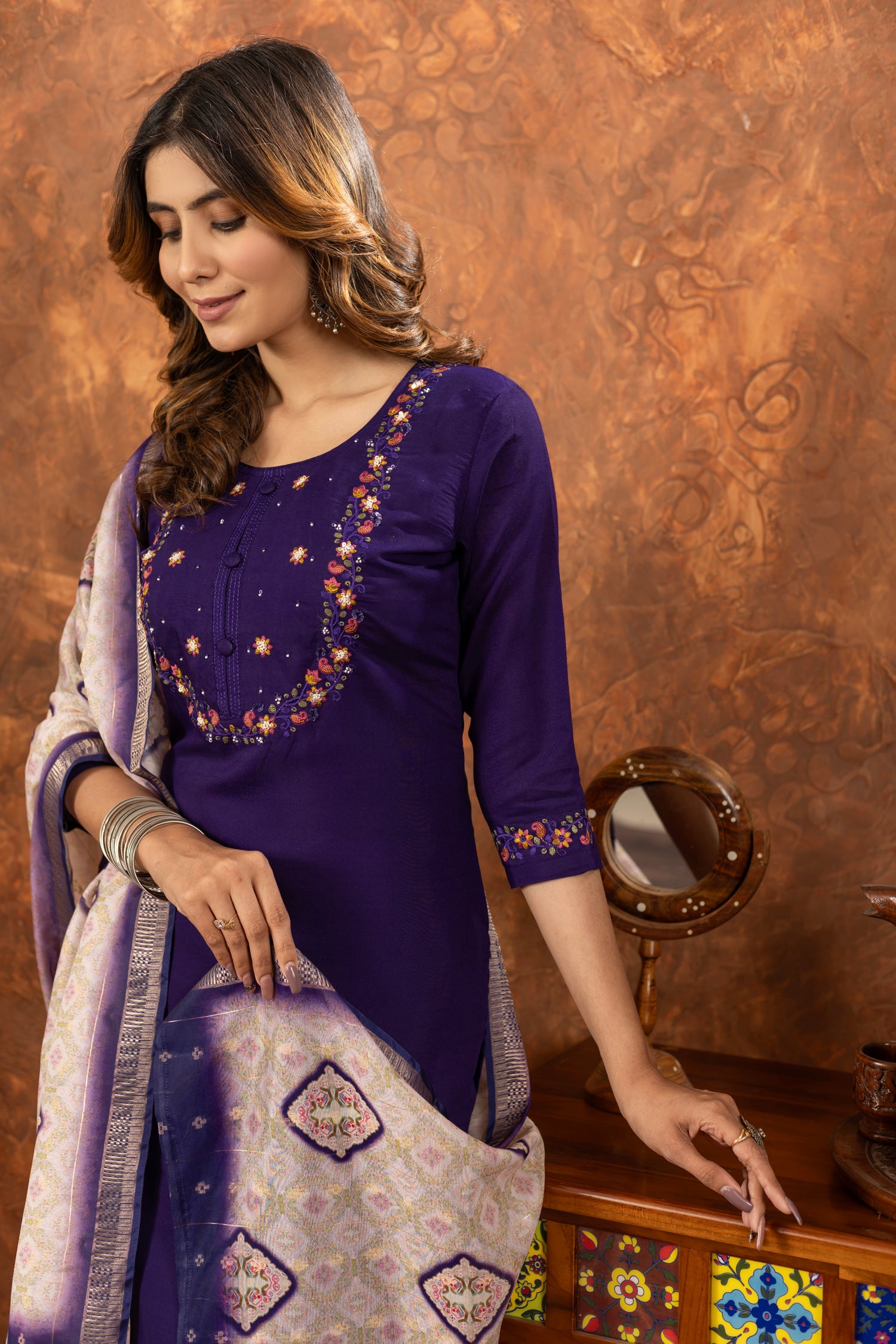 Lorenvalley Fashion Purple Marina Silk Multi Embroidery Thread with Hand work Kurta Pant Dupatta