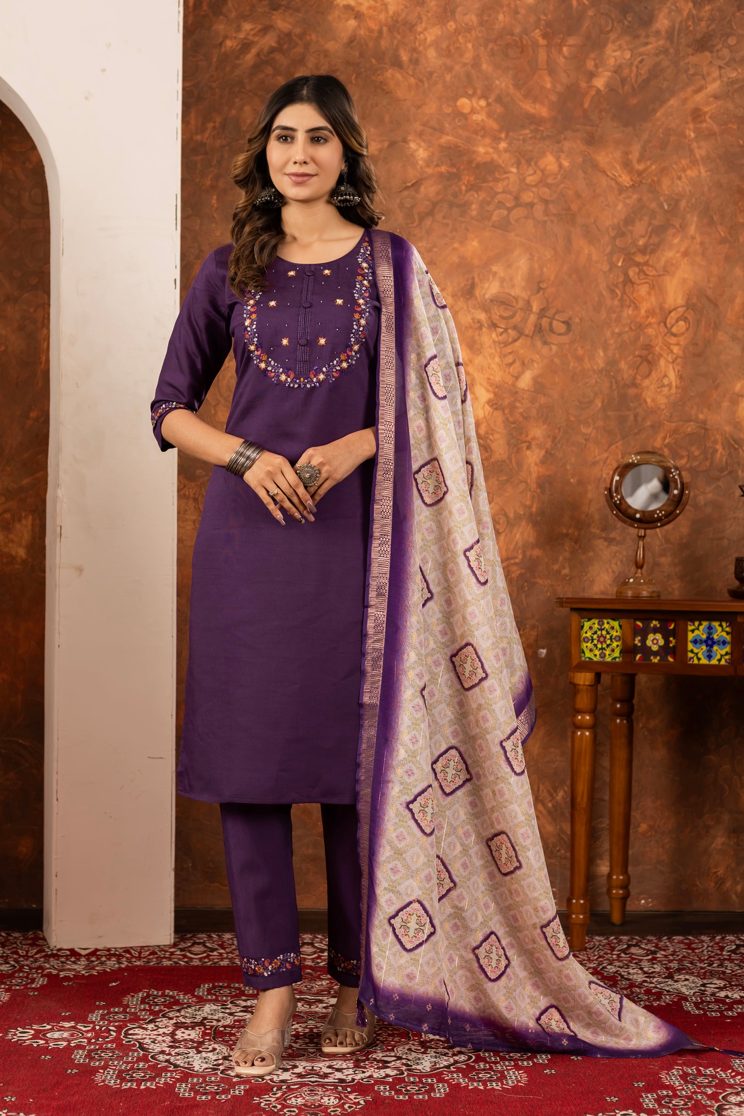 Lorenvalley Fashion Wine Marina Silk Multi Embroidery Thread with Hand work Kurta Pant Dupatta