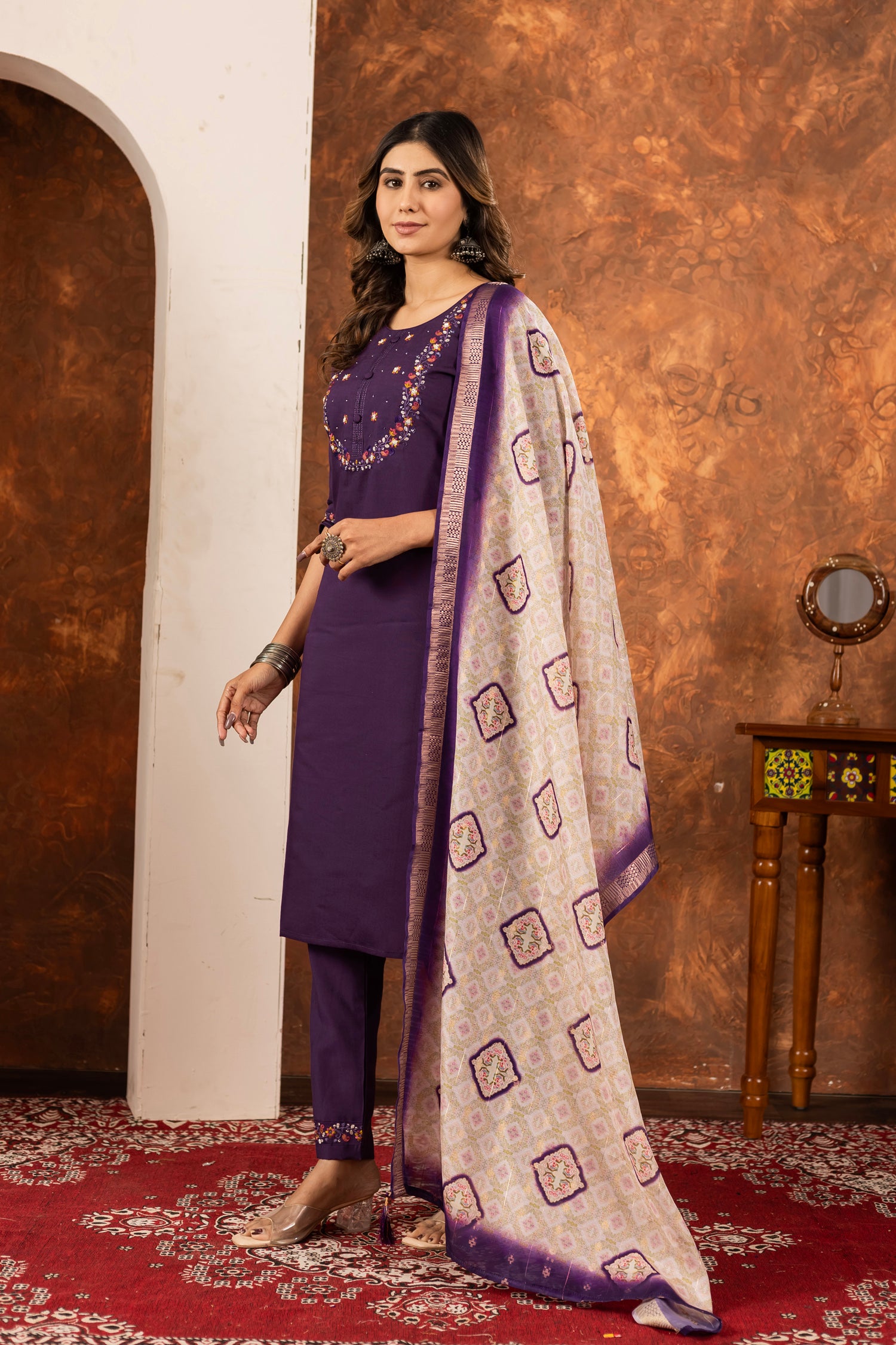 Lorenvalley Fashion Wine Marina Silk Multi Embroidery Thread with Hand work Kurta Pant Dupatta