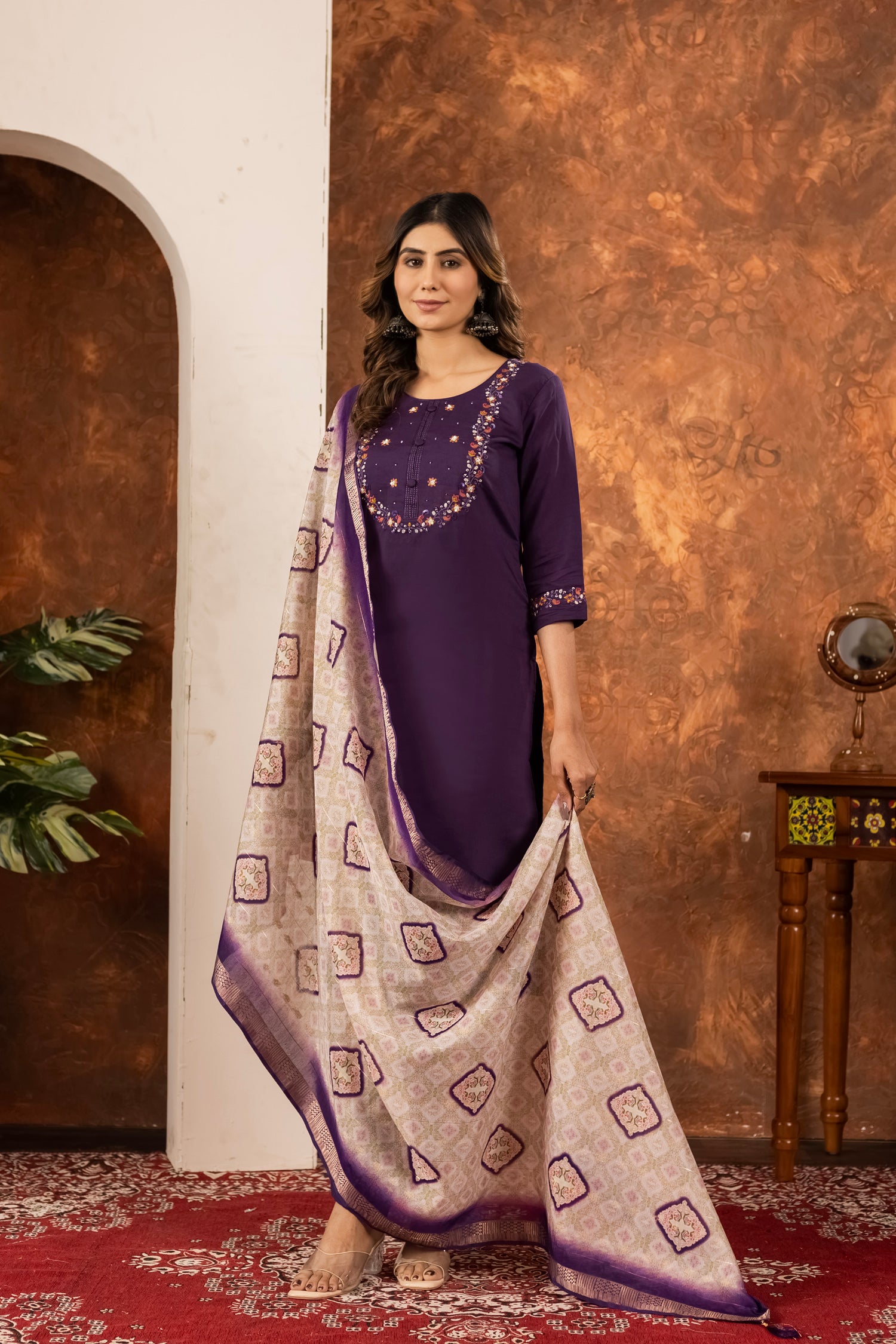 Lorenvalley Fashion Wine Marina Silk Multi Embroidery Thread with Hand work Kurta Pant Dupatta