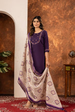 Thumbnail for Lorenvalley Fashion Wine Marina Silk Multi Embroidery Thread with Hand work Kurta Pant Dupatta