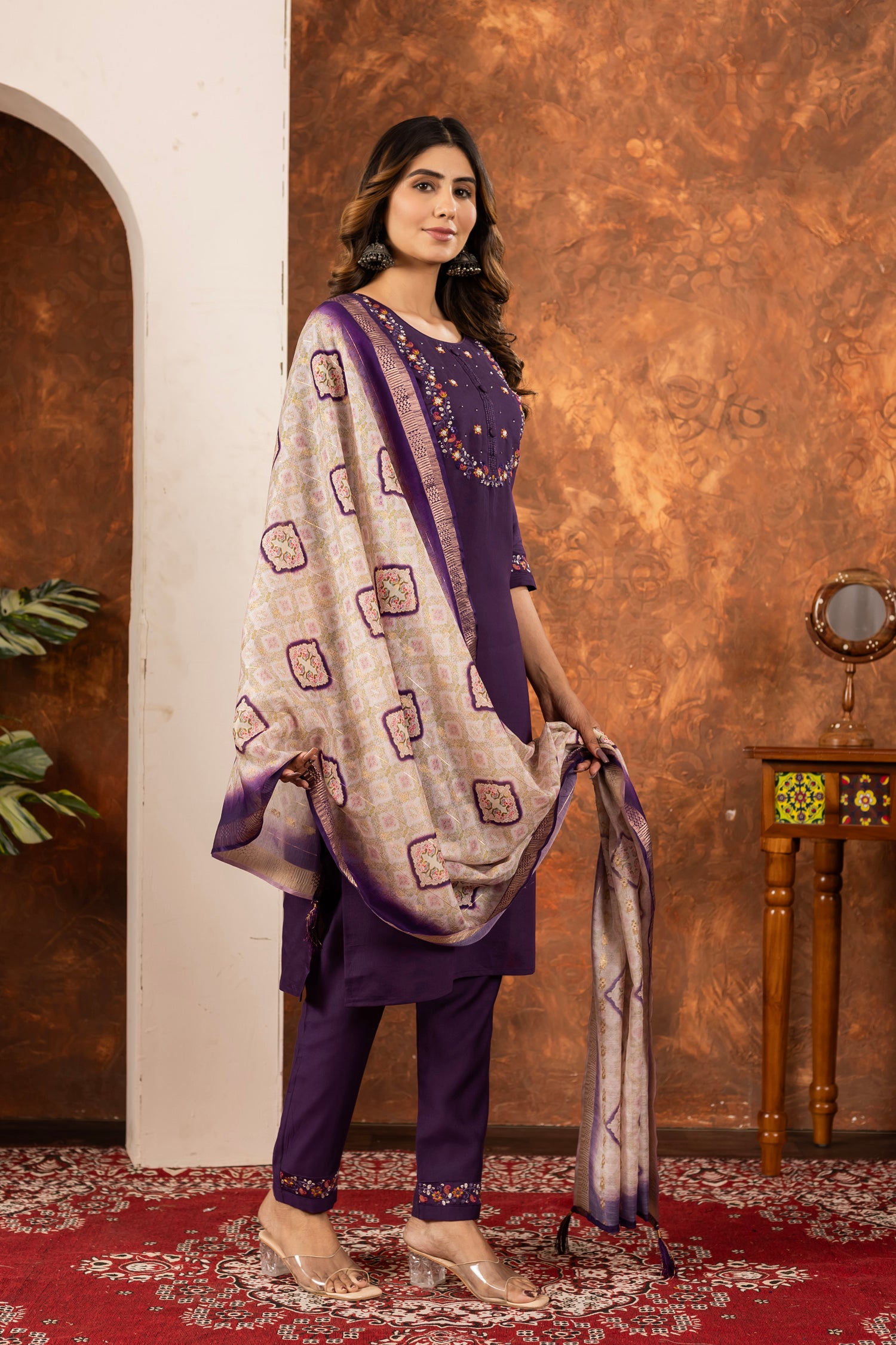 Lorenvalley Fashion Wine Marina Silk Multi Embroidery Thread with Hand work Kurta Pant Dupatta