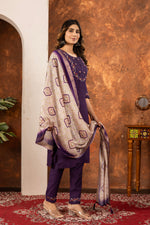 Thumbnail for Lorenvalley Fashion Wine Marina Silk Multi Embroidery Thread with Hand work Kurta Pant Dupatta
