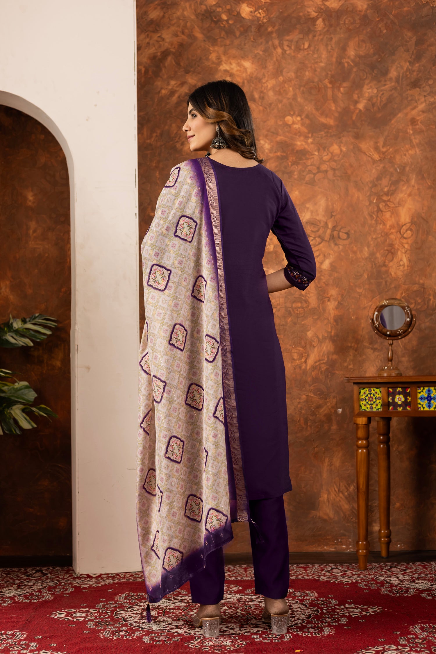Lorenvalley Fashion Wine Marina Silk Multi Embroidery Thread with Hand work Kurta Pant Dupatta
