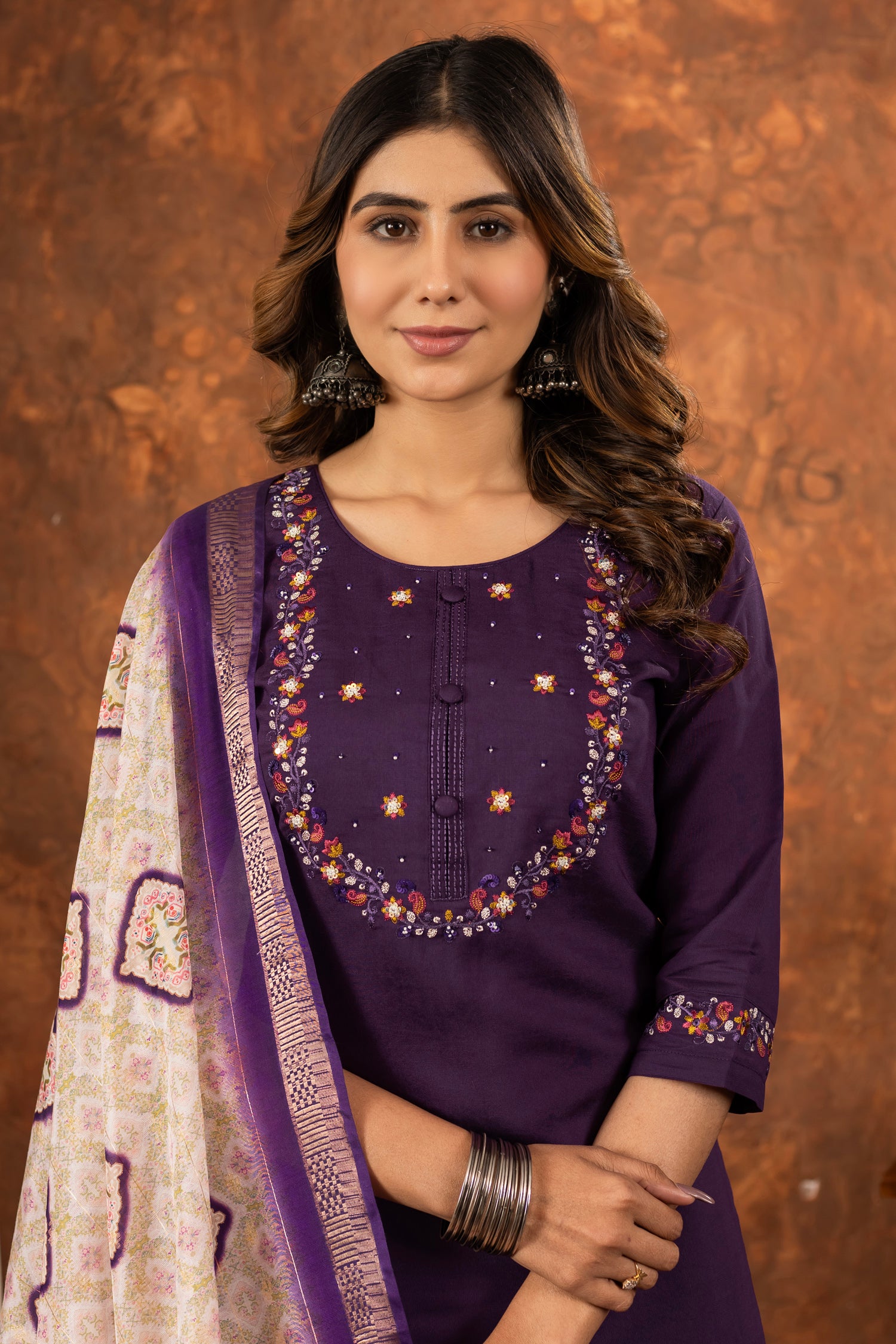 Lorenvalley Fashion Wine Marina Silk Multi Embroidery Thread with Hand work Kurta Pant Dupatta