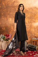 Thumbnail for Lorenvalley Fashion Black Roman Silk Embroidery Sequins with Hand work Kurta Pant Dupatta