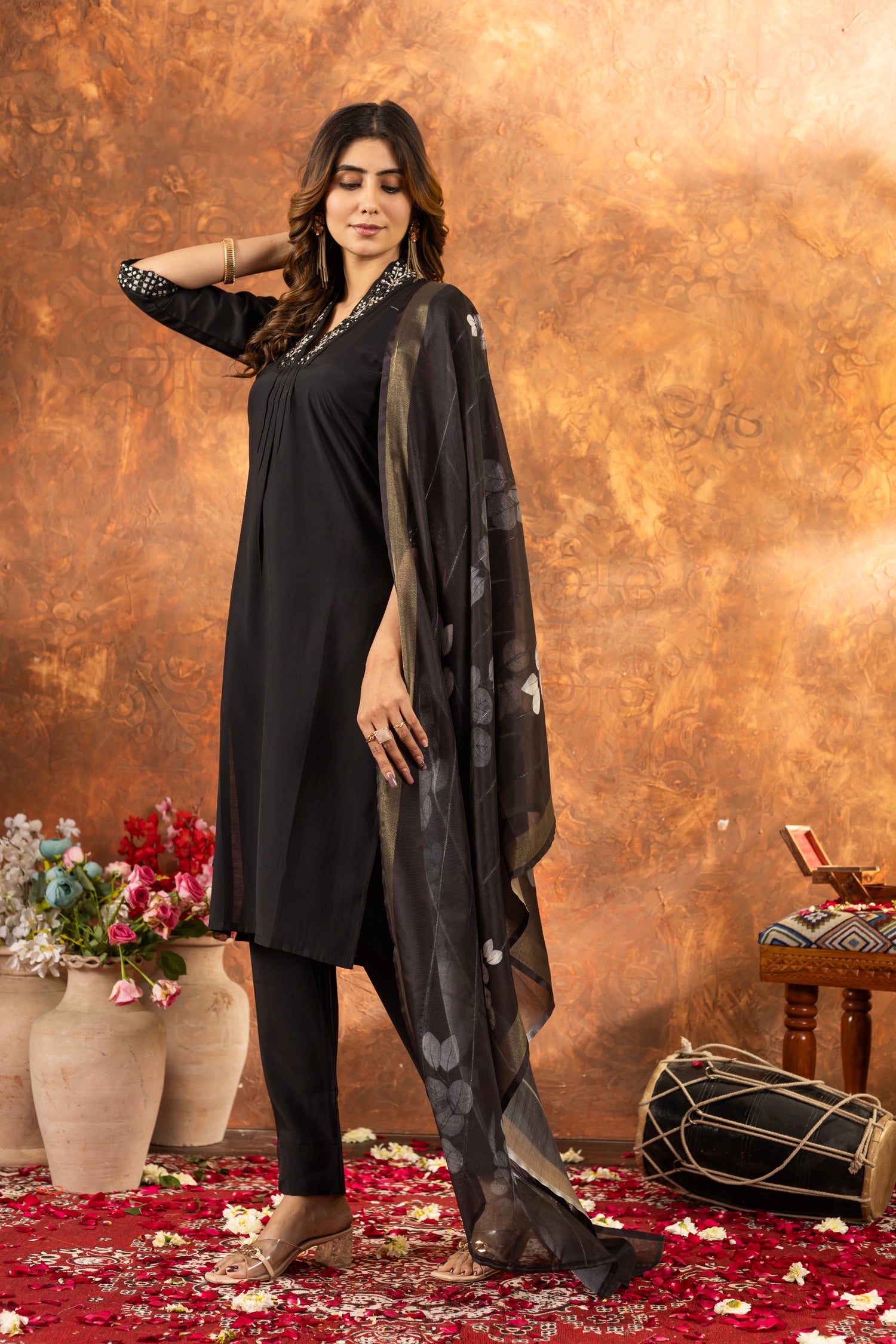Lorenvalley Fashion Black Roman Silk Embroidery Sequins with Hand work Kurta Pant Dupatta