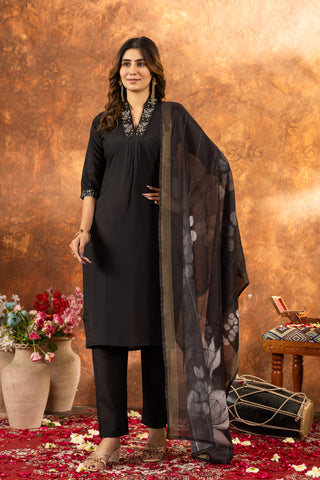 Lorenvalley Fashion Black Roman Silk Embroidery Sequins with Hand work Kurta Pant Dupatta