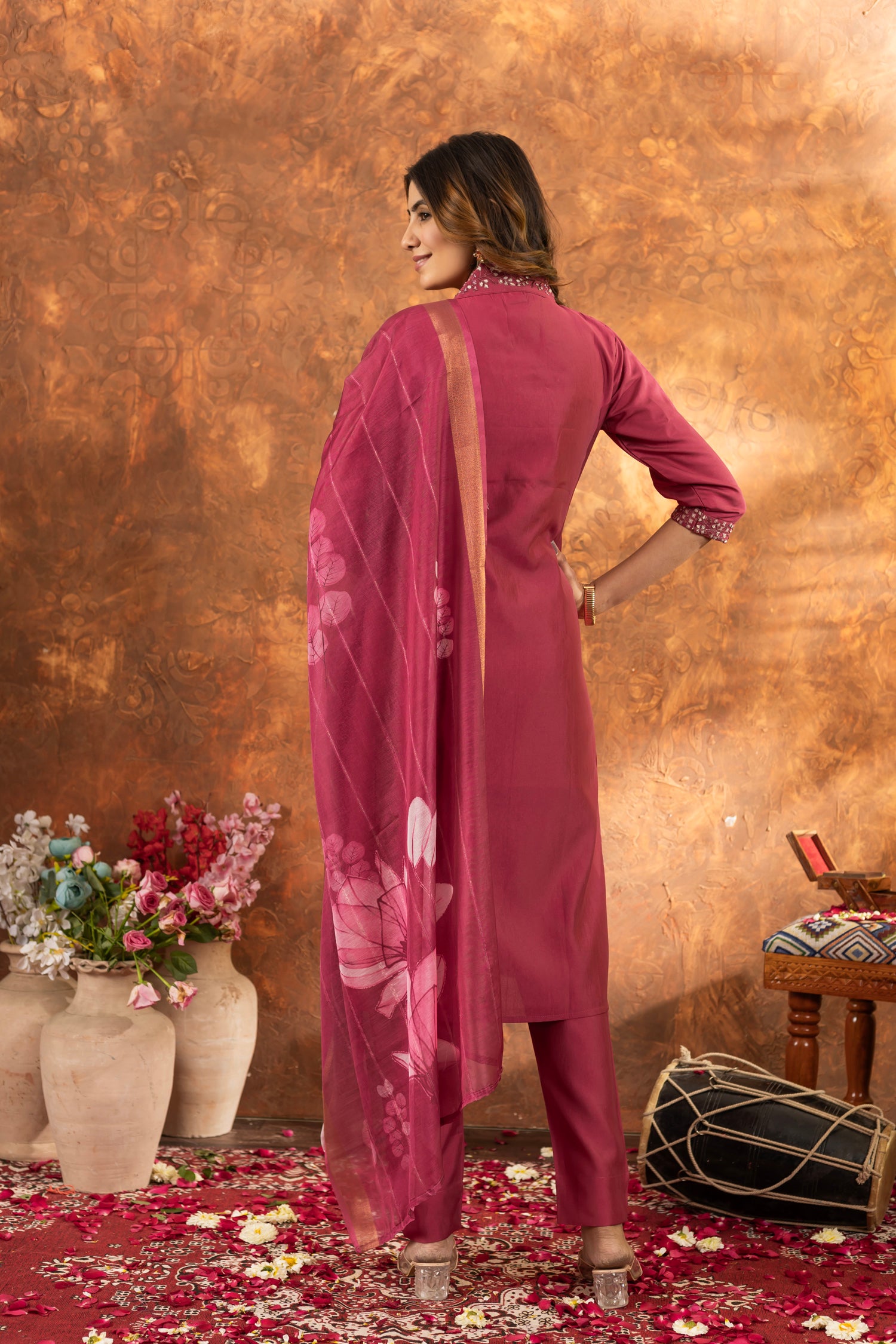 Lorenvalley Fashion Gajari Roman Silk Embroidery Sequins with Hand work Kurta Pant Dupatta