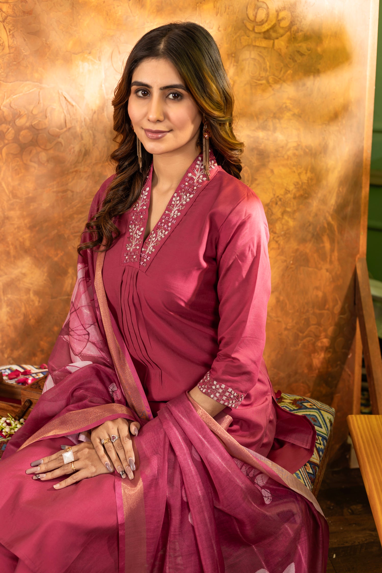 Lorenvalley Fashion Gajari Roman Silk Embroidery Sequins with Hand work Kurta Pant Dupatta