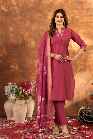Lorenvalley Fashion Gajari Roman Silk Embroidery Sequins with Hand work Kurta Pant Dupatta
