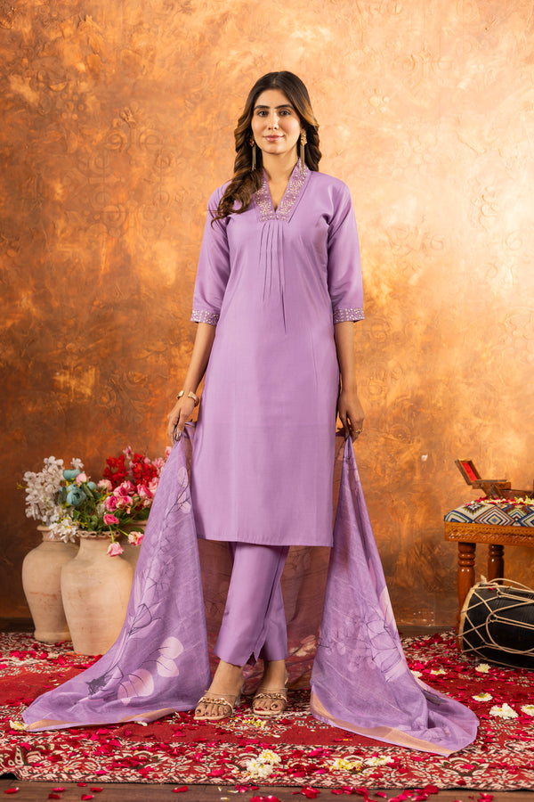 Lorenvalley Fashion Lavender Roman Silk Embroidery Sequins with Hand work Kurta Pant Dupatta