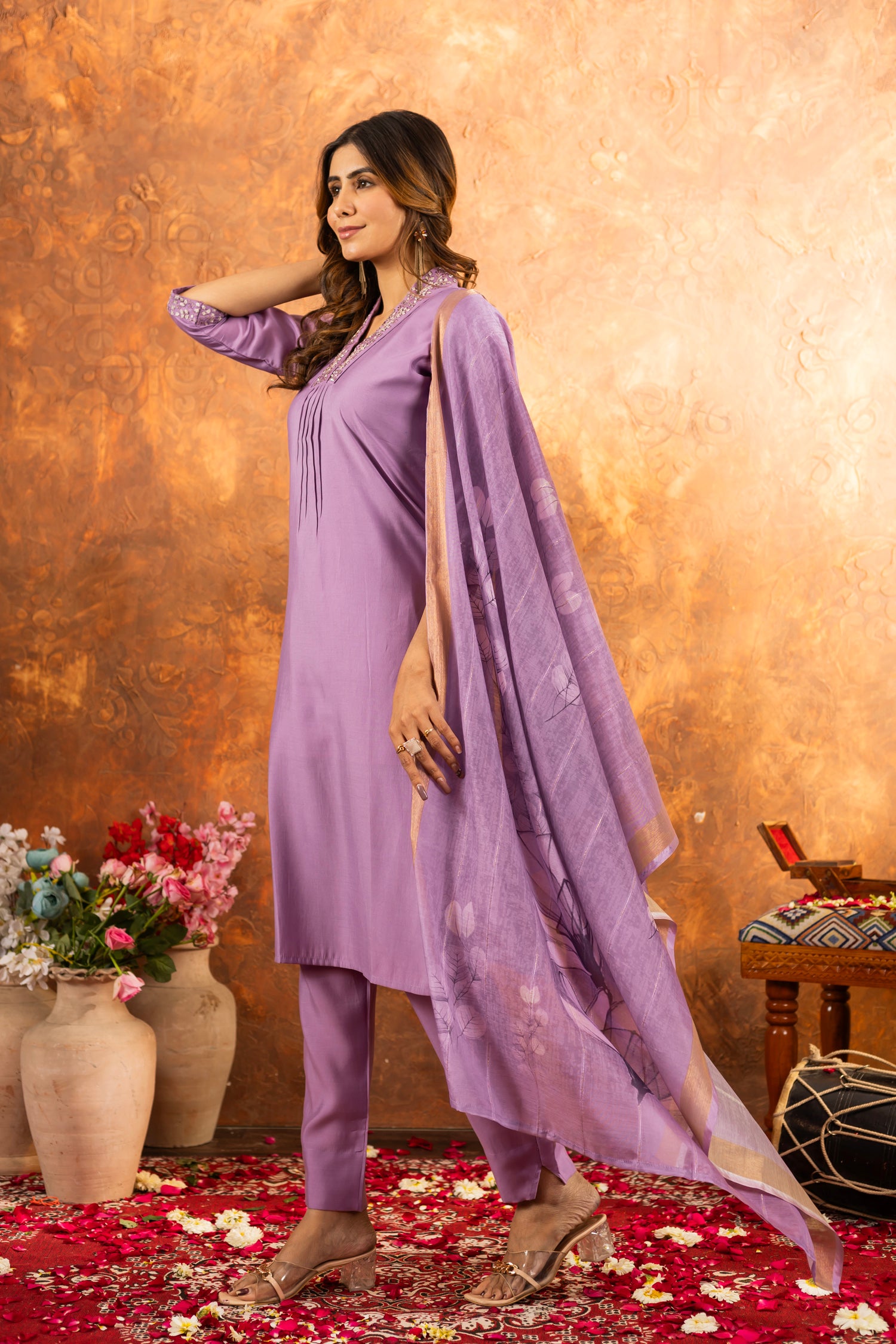 Lorenvalley Fashion Lavender Roman Silk Embroidery Sequins with Hand work Kurta Pant Dupatta