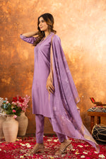 Thumbnail for Lorenvalley Fashion Lavender Roman Silk Embroidery Sequins with Hand work Kurta Pant Dupatta