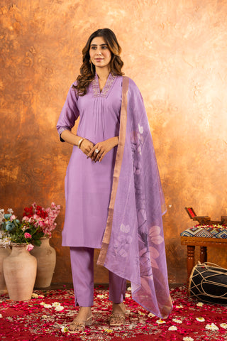 Lorenvalley Fashion Lavender Roman Silk Embroidery Sequins with Hand work Kurta Pant Dupatta