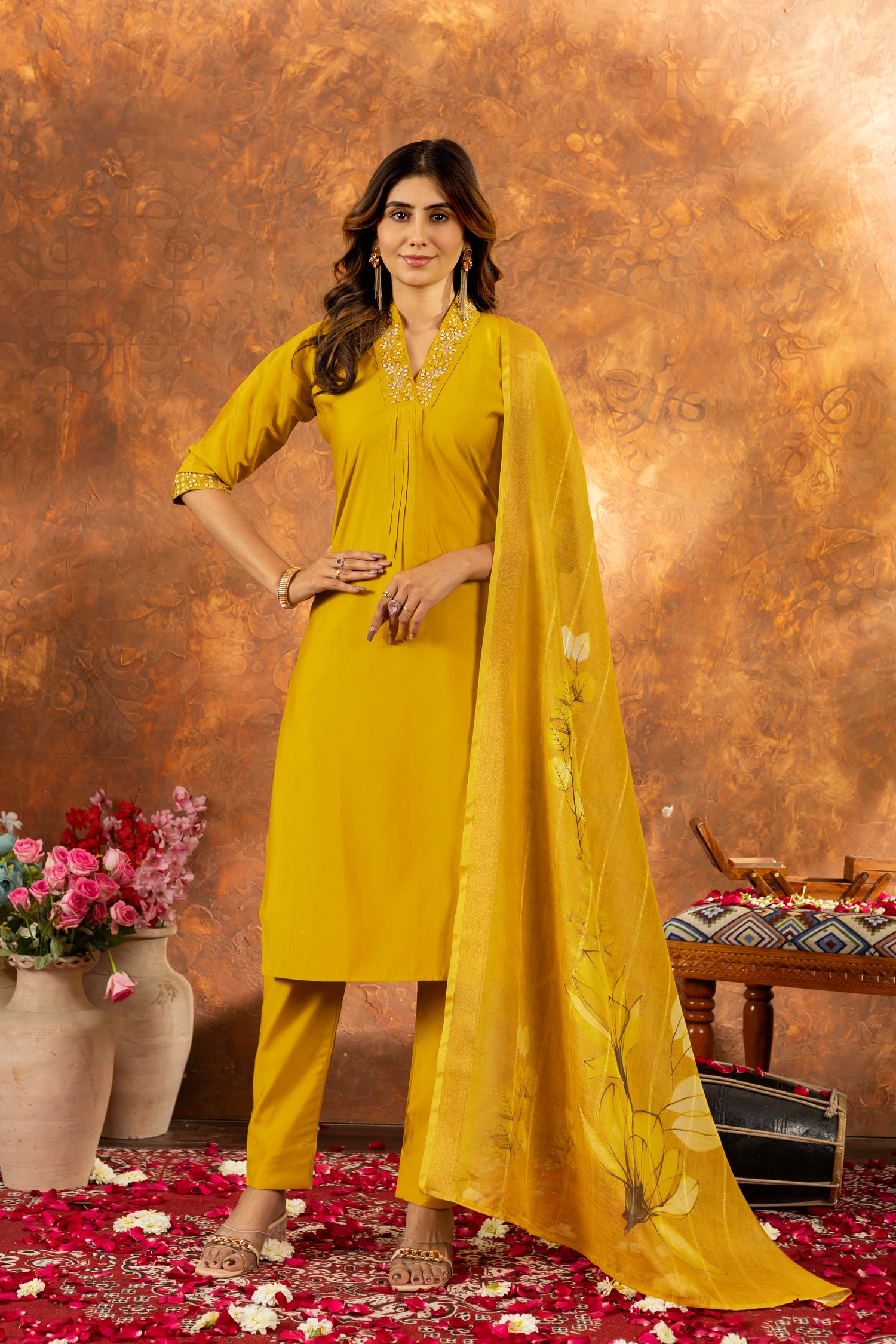 Lorenvalley Fashion Mustard Roman Silk Embroidery Sequins with Hand work Kurta Pant Dupatta