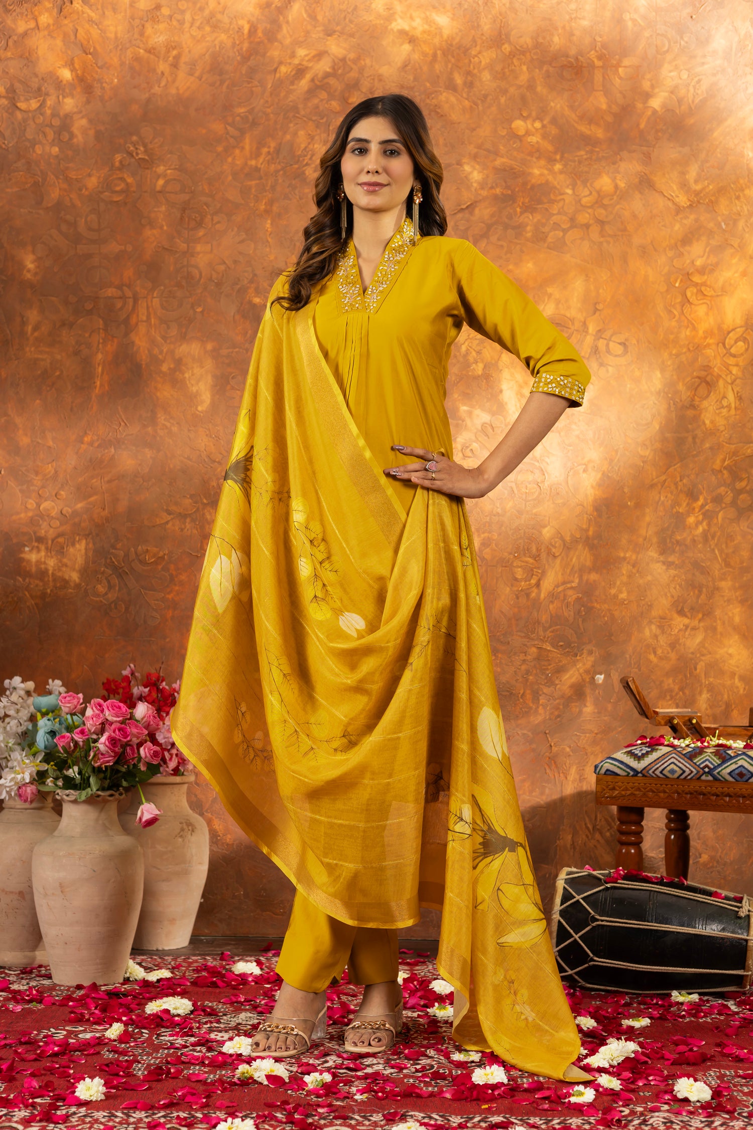 Lorenvalley Fashion Mustard Roman Silk Embroidery Sequins with Hand work Kurta Pant Dupatta