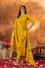 Thumbnail for Lorenvalley Fashion Mustard Roman Silk Embroidery Sequins with Hand work Kurta Pant Dupatta