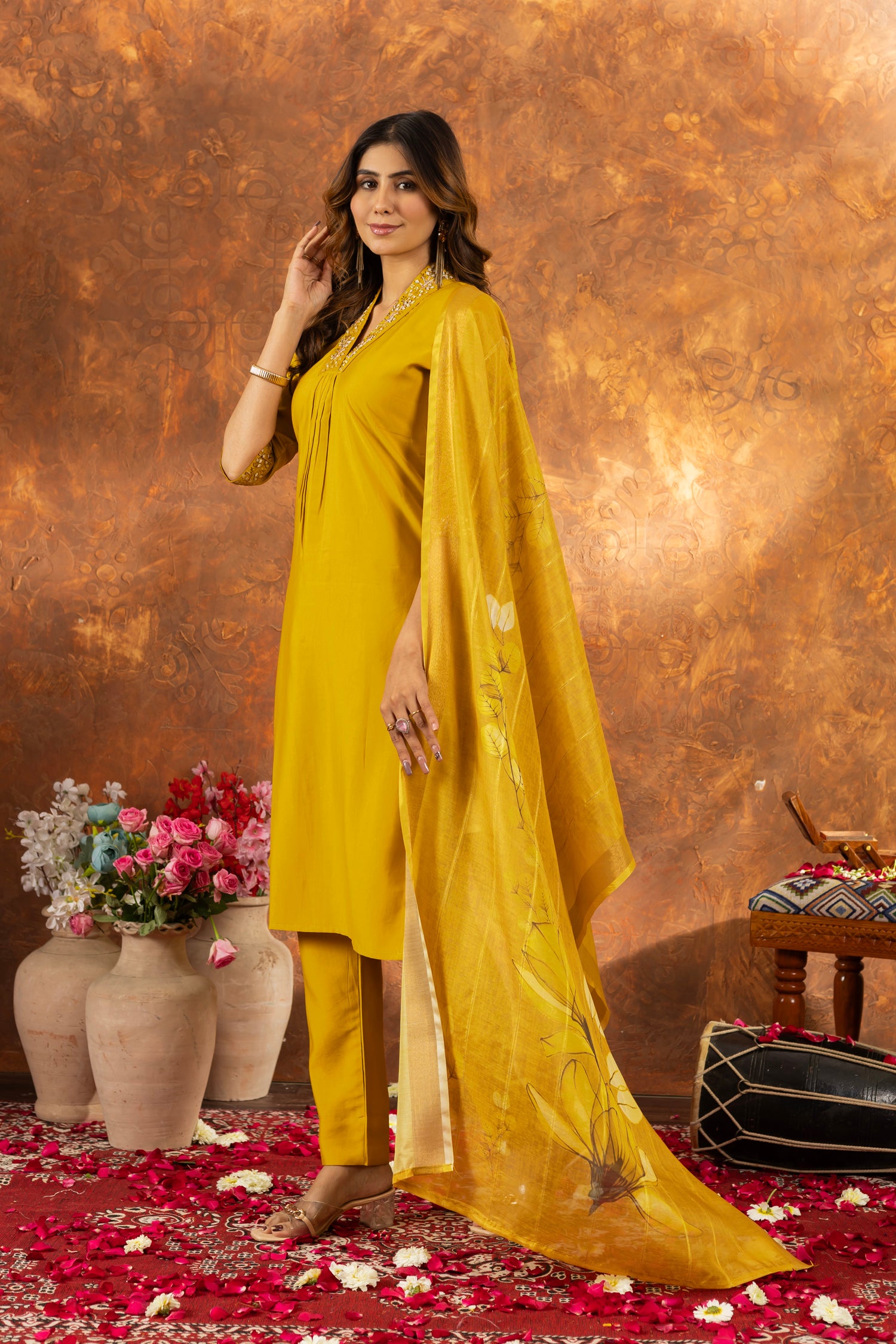 Lorenvalley Fashion Mustard Roman Silk Embroidery Sequins with Hand work Kurta Pant Dupatta