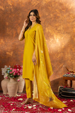 Thumbnail for Lorenvalley Fashion Mustard Roman Silk Embroidery Sequins with Hand work Kurta Pant Dupatta