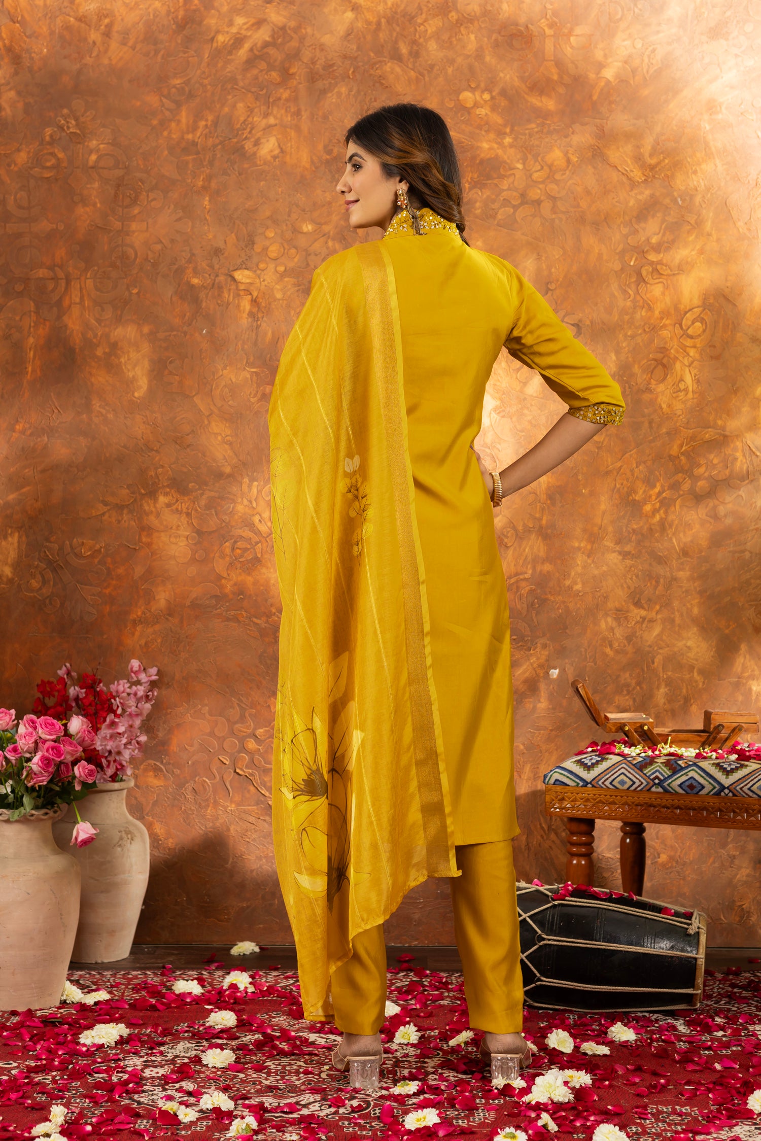 Lorenvalley Fashion Mustard Roman Silk Embroidery Sequins with Hand work Kurta Pant Dupatta