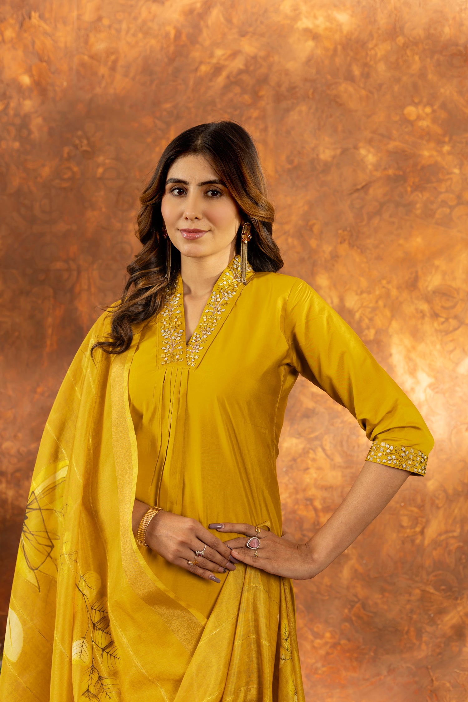 Lorenvalley Fashion Mustard Roman Silk Embroidery Sequins with Hand work Kurta Pant Dupatta