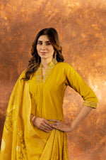 Thumbnail for Lorenvalley Fashion Mustard Roman Silk Embroidery Sequins with Hand work Kurta Pant Dupatta