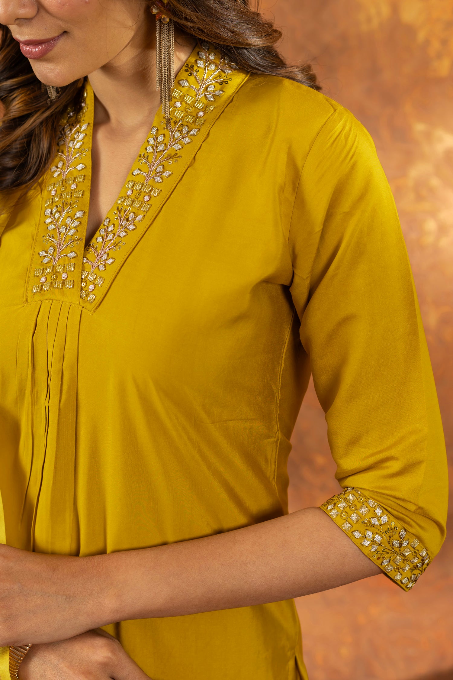Lorenvalley Fashion Mustard Roman Silk Embroidery Sequins with Hand work Kurta Pant Dupatta