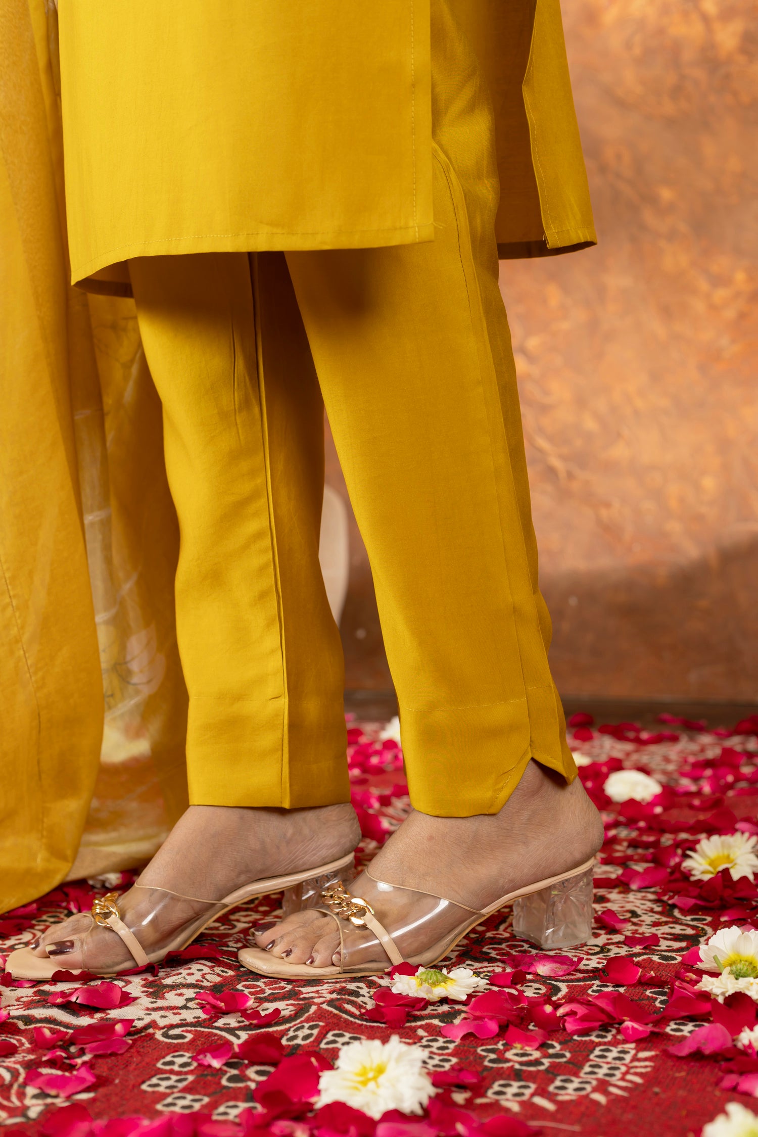 Lorenvalley Fashion Mustard Roman Silk Embroidery Sequins with Hand work Kurta Pant Dupatta