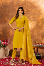 Thumbnail for Lorenvalley Fashion Mustard Roman Silk Embroidery Sequins with Hand work Kurta Pant Dupatta