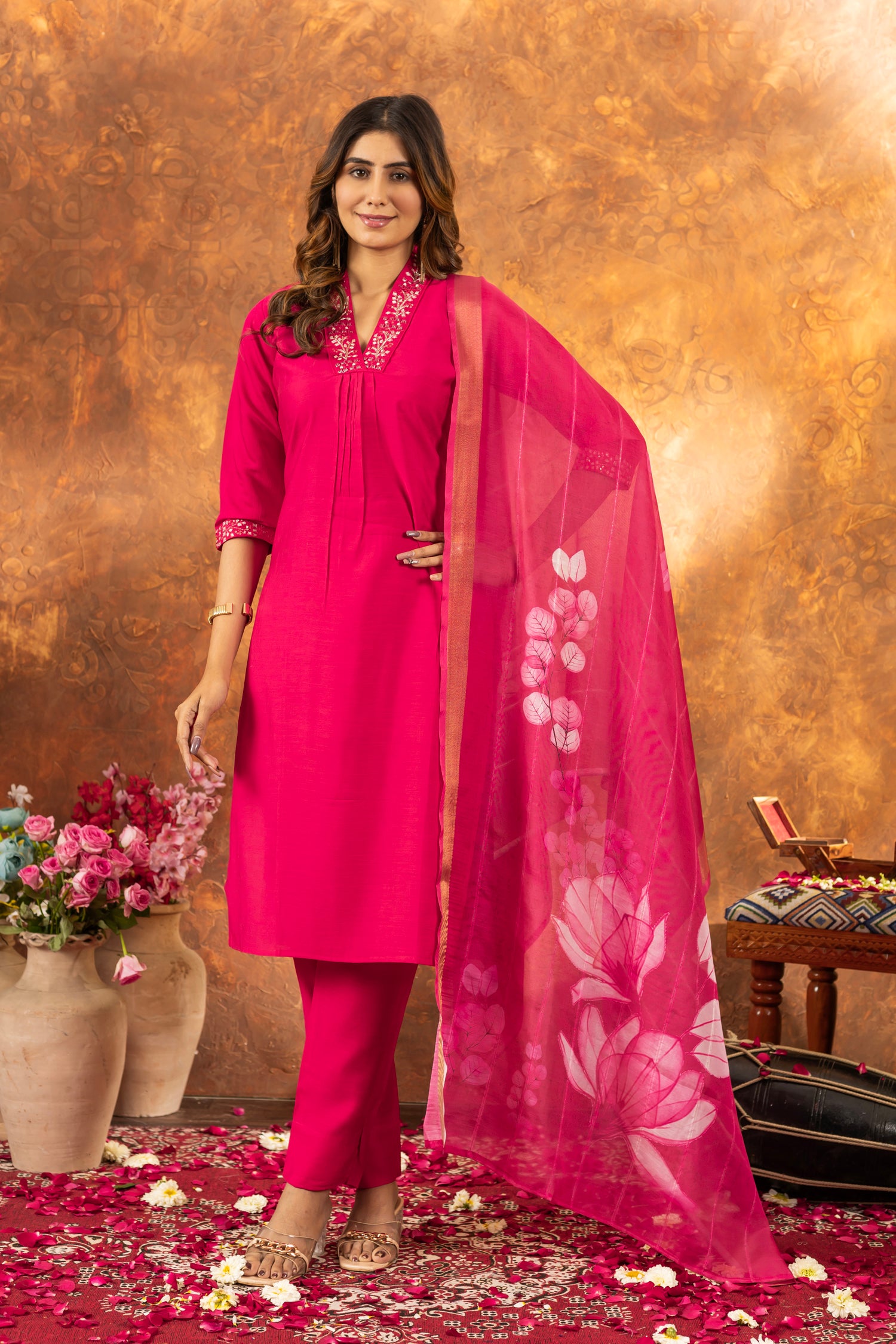 Lorenvalley Fashion Pink Roman Silk Embroidery Sequins with Hand work Kurta Pant Dupatta
