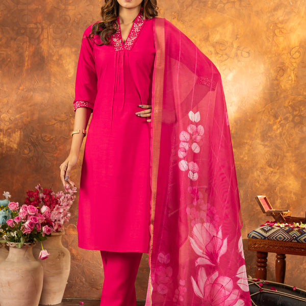 Lorenvalley Fashion Pink Roman Silk Embroidery Sequins with Hand work Kurta Pant Dupatta