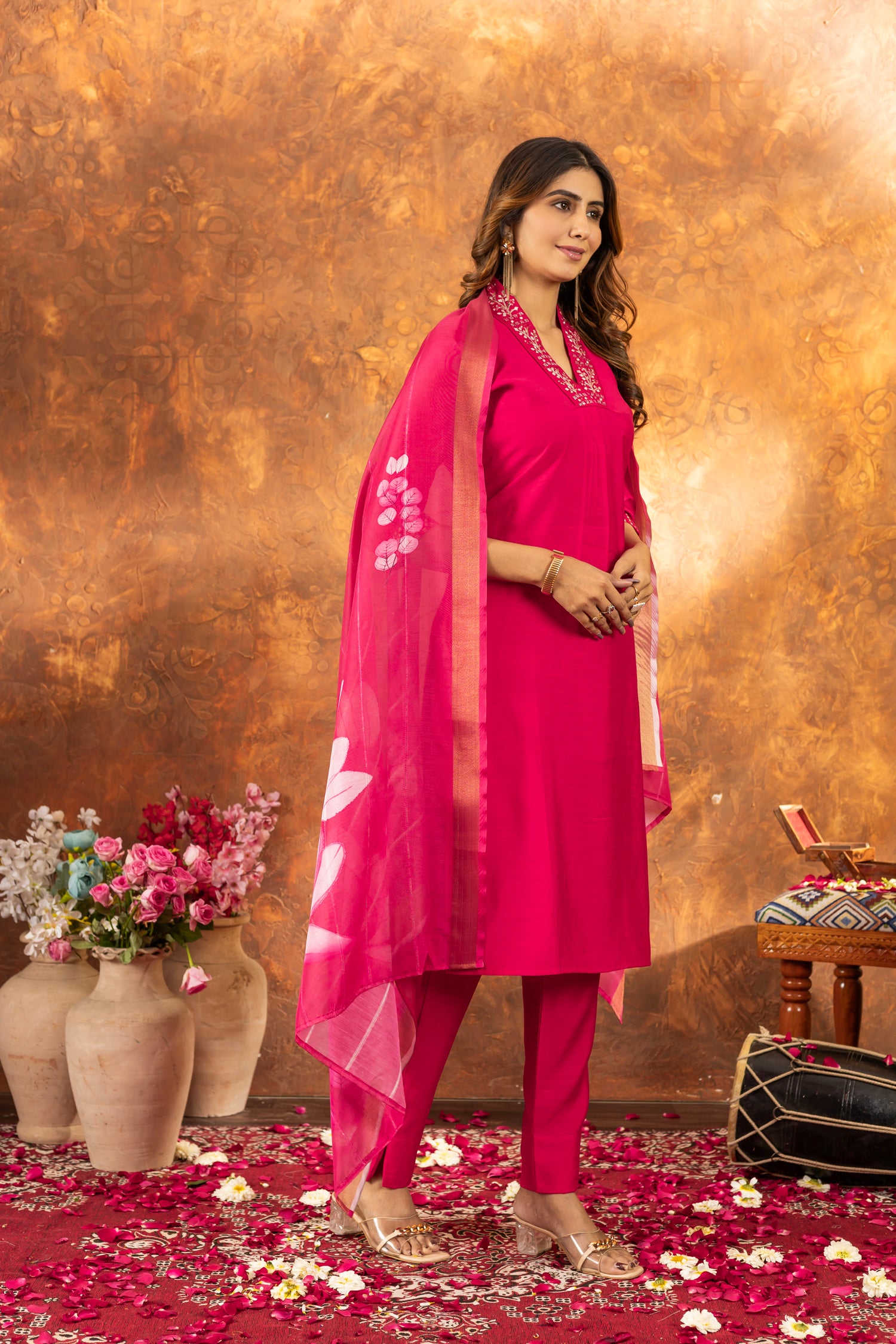 Lorenvalley Fashion Pink Roman Silk Embroidery Sequins with Hand work Kurta Pant Dupatta
