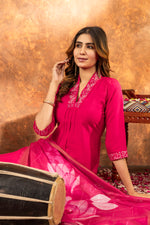 Thumbnail for Lorenvalley Fashion Pink Roman Silk Embroidery Sequins with Hand work Kurta Pant Dupatta
