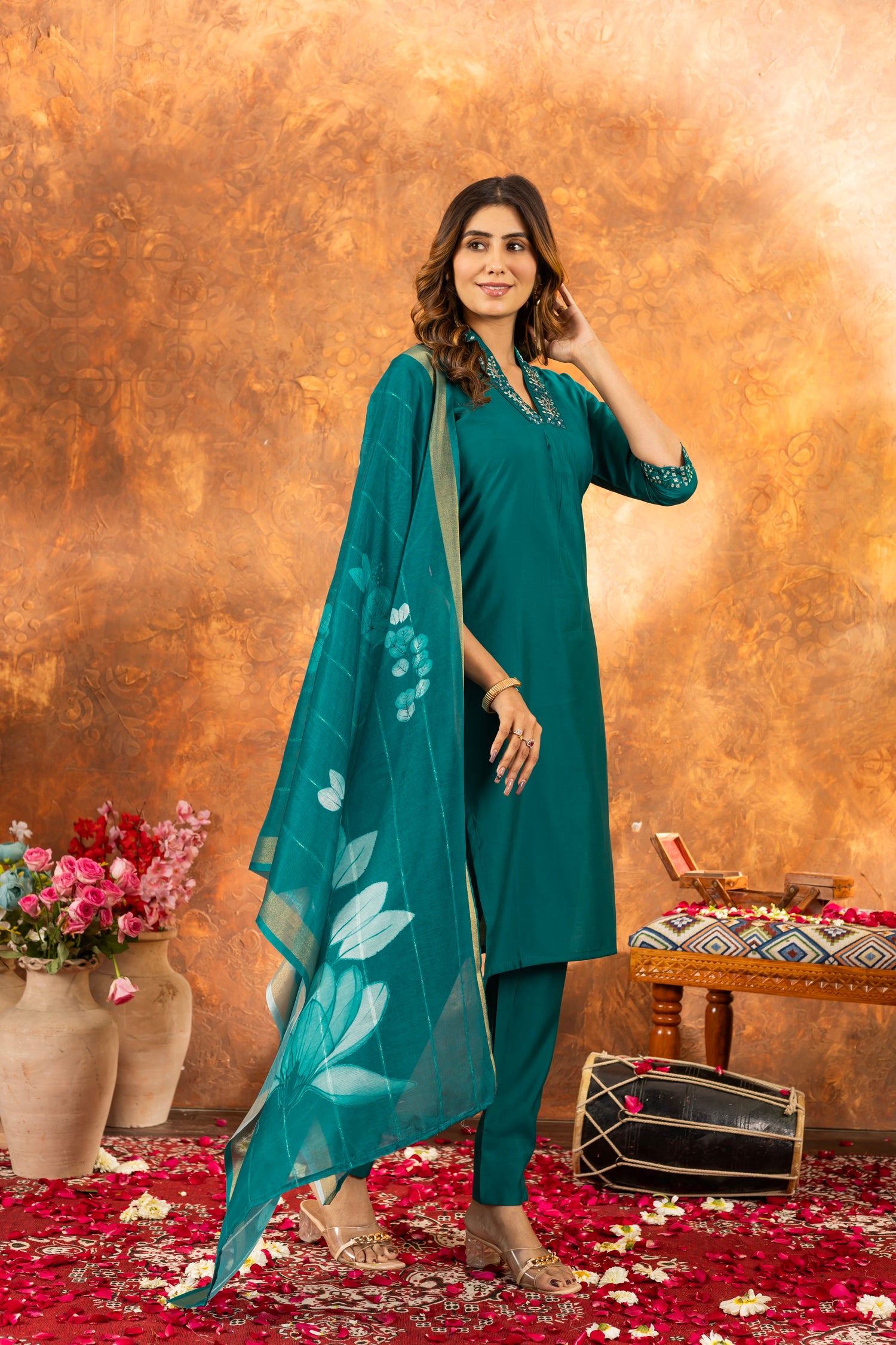 Lorenvalley Fashion Rama Roman Silk Embroidery Sequins with Hand work Kurta Pant Dupatta