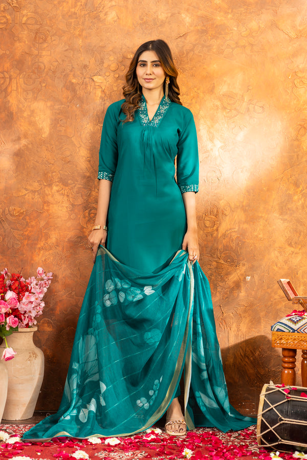 Lorenvalley Fashion Rama Roman Silk Embroidery Sequins with Hand work Kurta Pant Dupatta