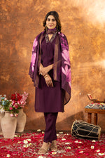Thumbnail for Lorenvalley Fashion Wine Roman Silk Embroidery Sequins with Hand work Kurta Pant Dupatta