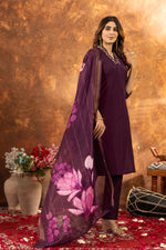 Thumbnail for Lorenvalley Fashion Wine Roman Silk Embroidery Sequins with Hand work Kurta Pant Dupatta