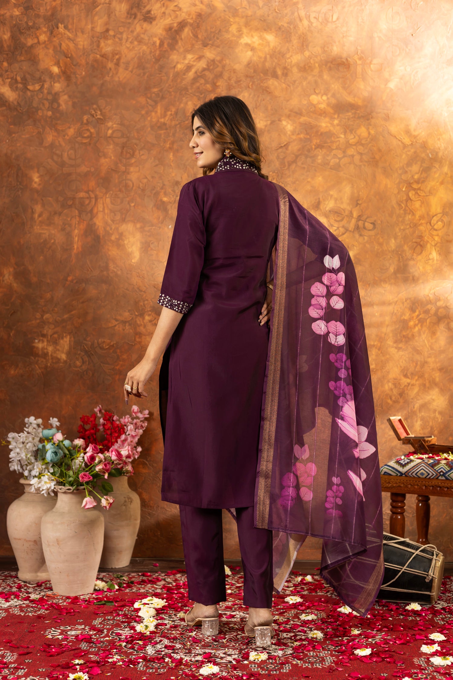 Lorenvalley Fashion Wine Roman Silk Embroidery Sequins with Hand work Kurta Pant Dupatta