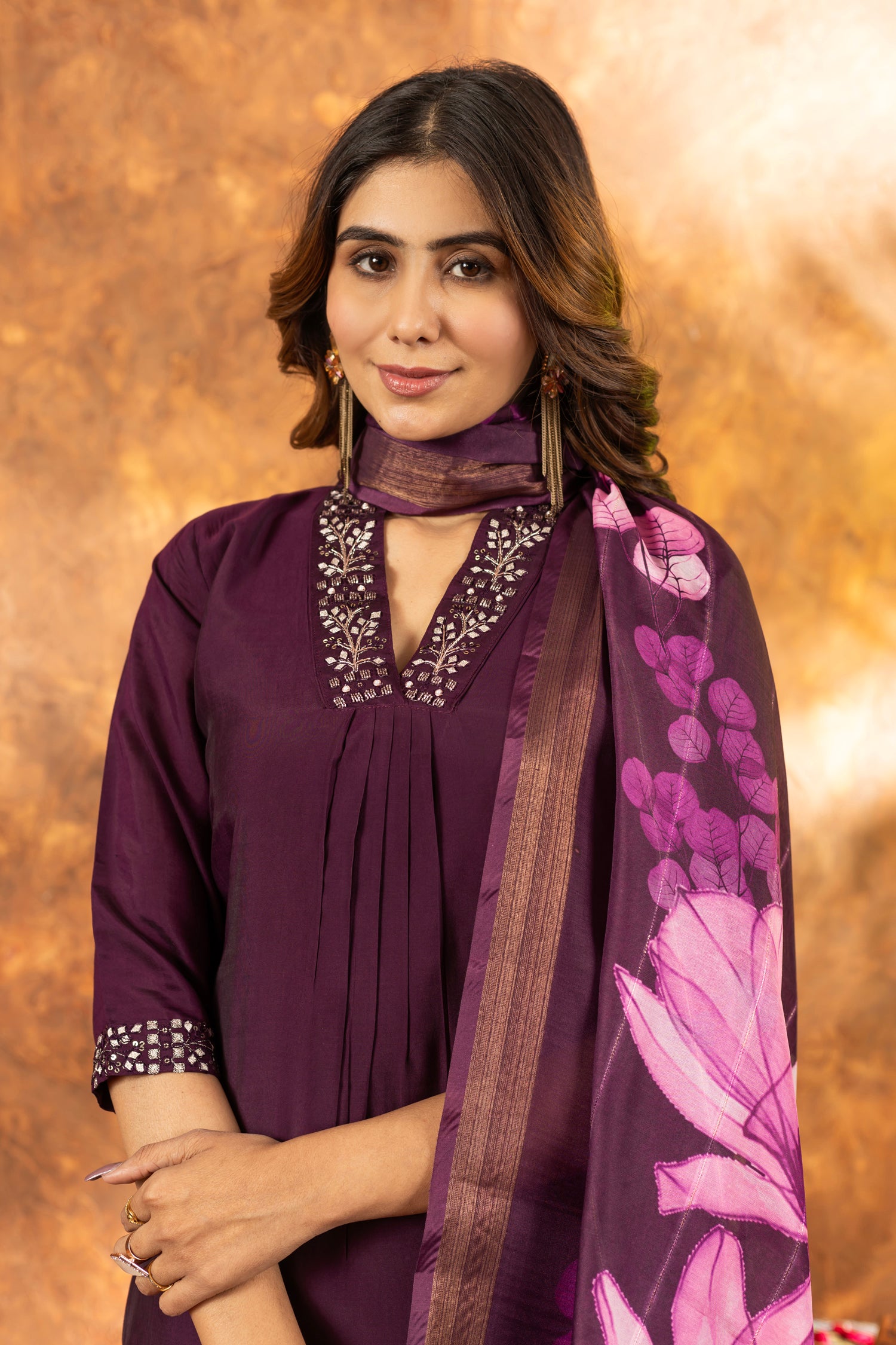 Lorenvalley Fashion Wine Roman Silk Embroidery Sequins with Hand work Kurta Pant Dupatta
