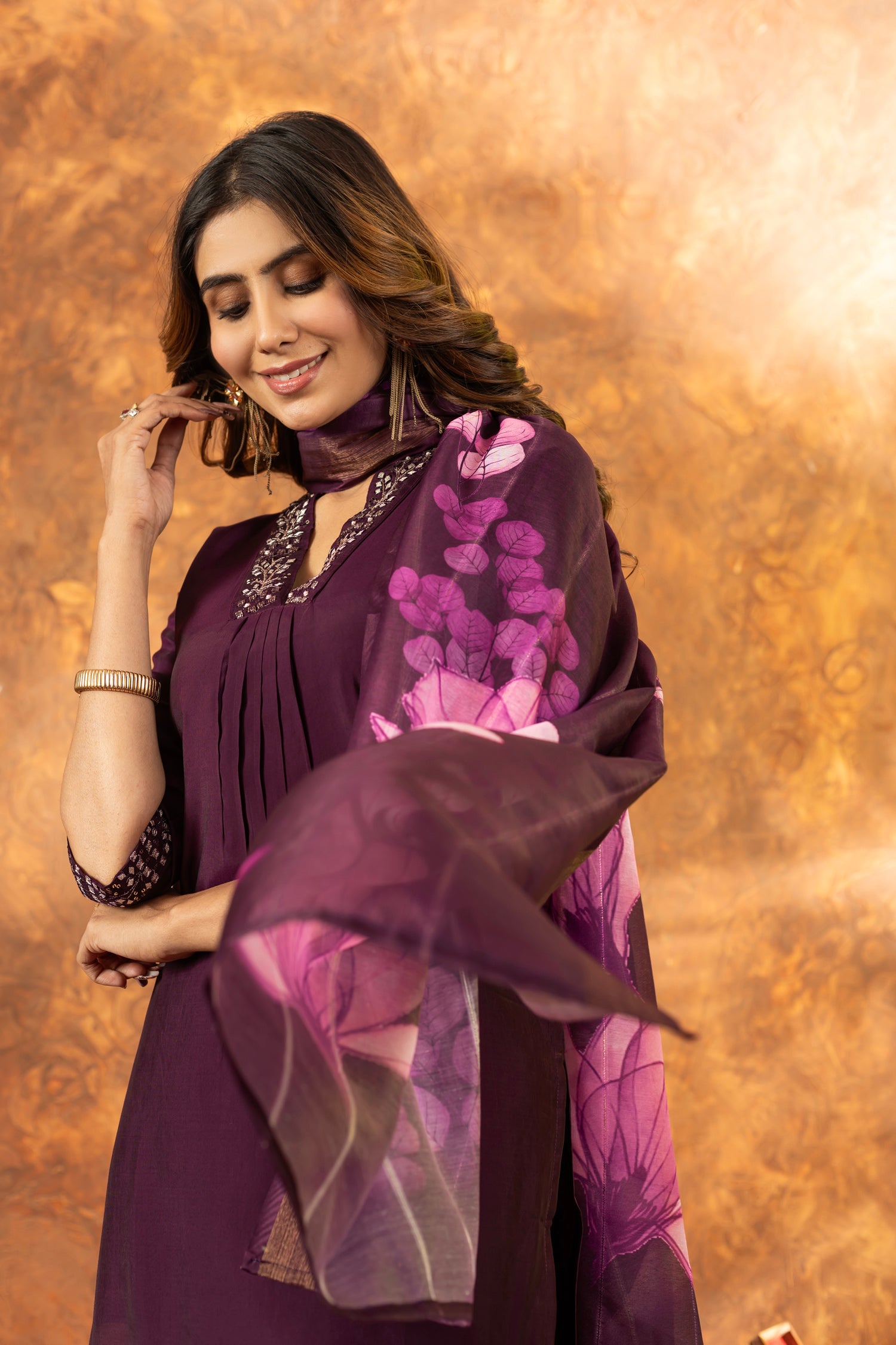 Lorenvalley Fashion Wine Roman Silk Embroidery Sequins with Hand work Kurta Pant Dupatta