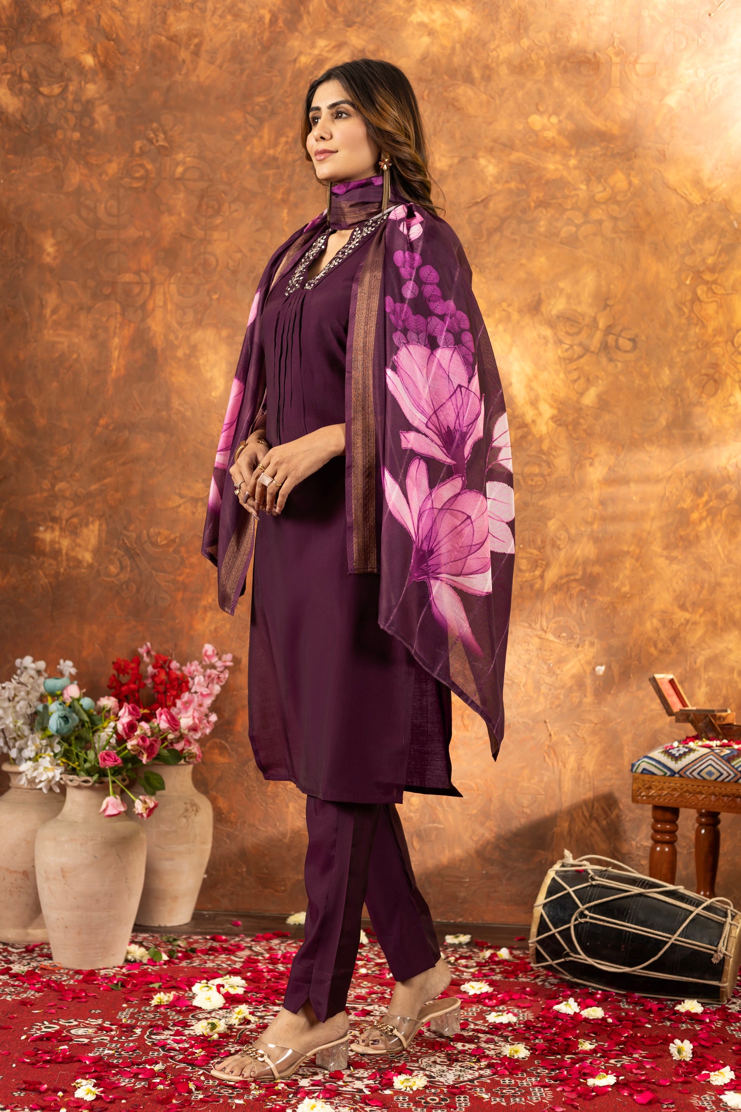 Lorenvalley Fashion Wine Roman Silk Embroidery Sequins with Hand work Kurta Pant Dupatta