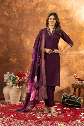 Lorenvalley Fashion Wine Roman Silk Embroidery Sequins with Hand work Kurta Pant Dupatta