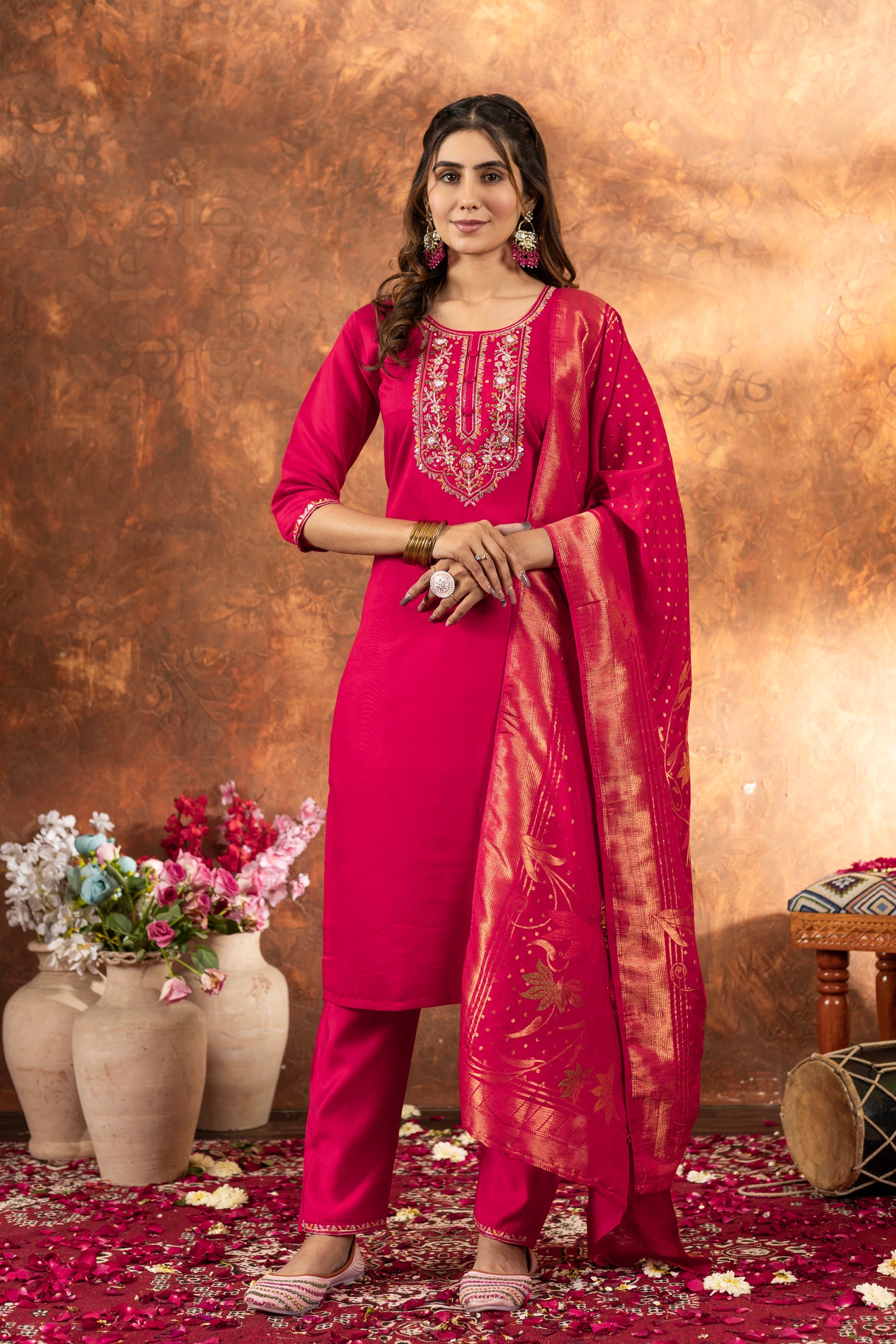 Lorenvalley Fashion Pink Marina Silk Multi Embroidery Thread with Hand work Kurta Pant Dupatta