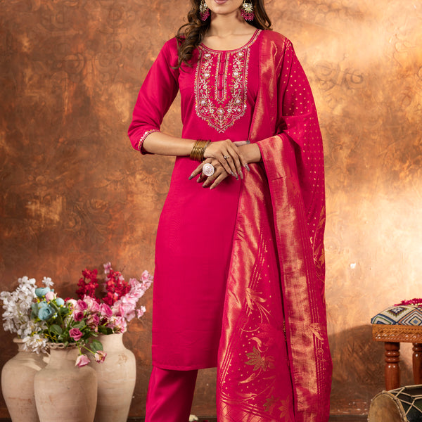Lorenvalley Fashion Pink Marina Silk Multi Embroidery Thread with Hand work Kurta Pant Dupatta - Distacart