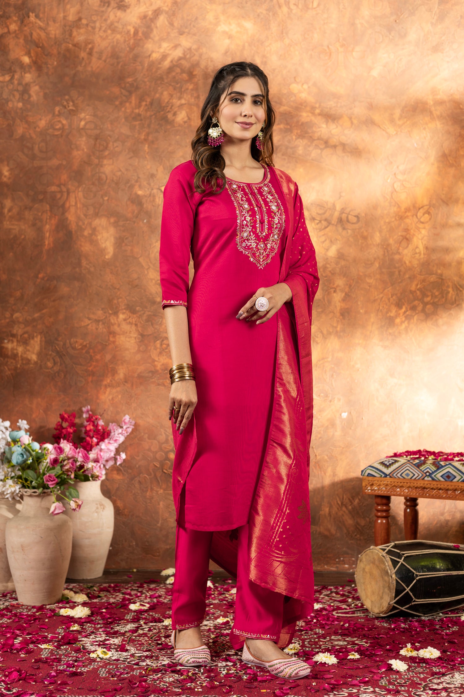 Lorenvalley Fashion Pink Marina Silk Multi Embroidery Thread with Hand work Kurta Pant Dupatta