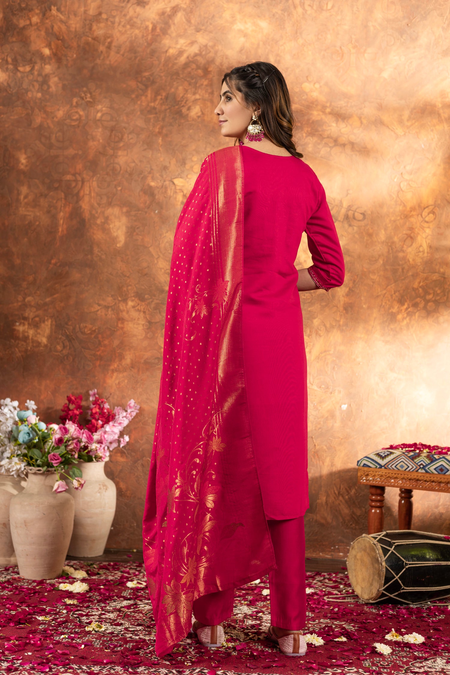 Lorenvalley Fashion Pink Marina Silk Multi Embroidery Thread with Hand work Kurta Pant Dupatta
