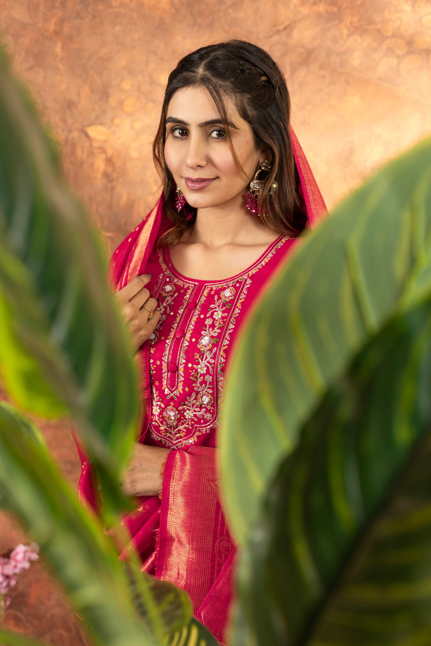 Lorenvalley Fashion Pink Marina Silk Multi Embroidery Thread with Hand work Kurta Pant Dupatta