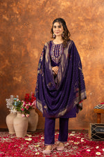 Thumbnail for Lorenvalley Fashion Purple Marina Silk Multi Embroidery Thread with Hand work Kurta Pant Dupatta