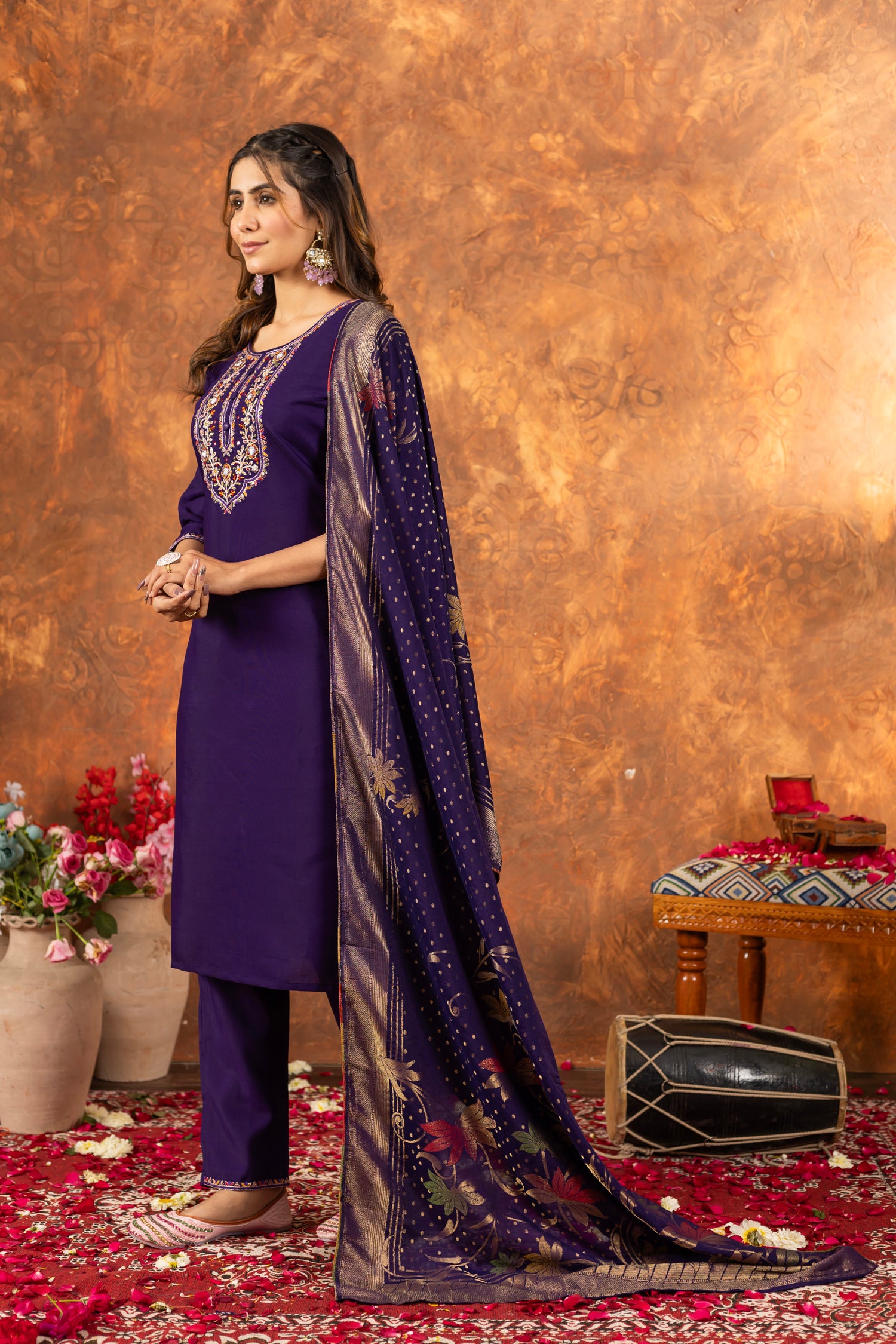 Lorenvalley Fashion Purple Marina Silk Multi Embroidery Thread with Hand work Kurta Pant Dupatta